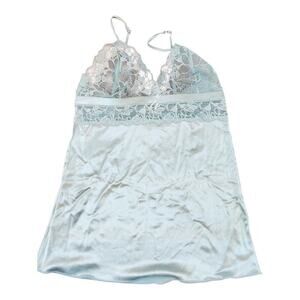 Ornella womens sz XL satin lace slip cami‎ top lingerie light blue Y2K